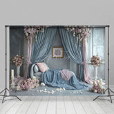 Aperturee - Aperturee Blue Pink Curtain Sofa Floral Wedding Photo Backdrop